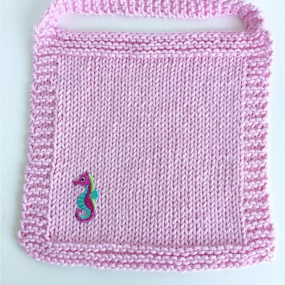 Baby Bib Set Hand Crafted Pink Knit Cotton Seahorse Colorful